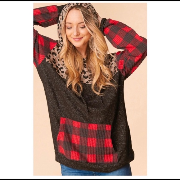 Buffalo Plaid & Leopard Block Hoodie top - Picture 2 of 3